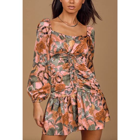 Finders Keepers Tropical Print Long Sleeve Ruched Mini Dress Size Small - Picture 1 of 8